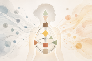 Illustrazione simbolica di un BodyGraph BG5 stilizzato, con forme geometriche colorate che rappresentano i centri energetici, a rappresentare la distinzione tra parti stabili e automatismi condizionati