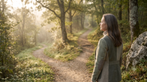Donna a un bivio in un sentiero nel bosco che guarda in lontananza, tra la voce dell'anima e la voce della paura